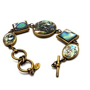 MYKA signed Abalone panel bracelet on antique brass  8 inch